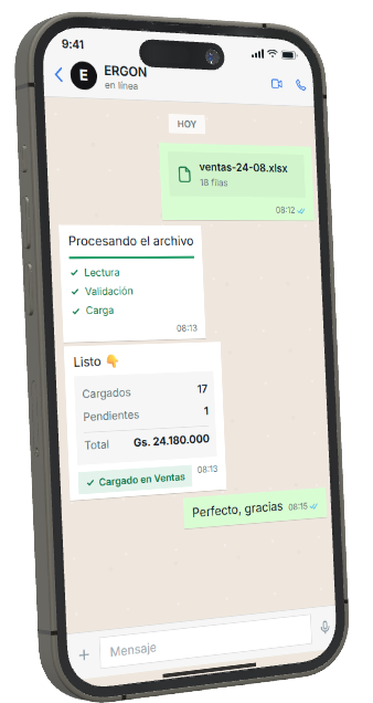 Conversación de WhatsApp: el agente procesa una planilla de ventas y confirma la carga
